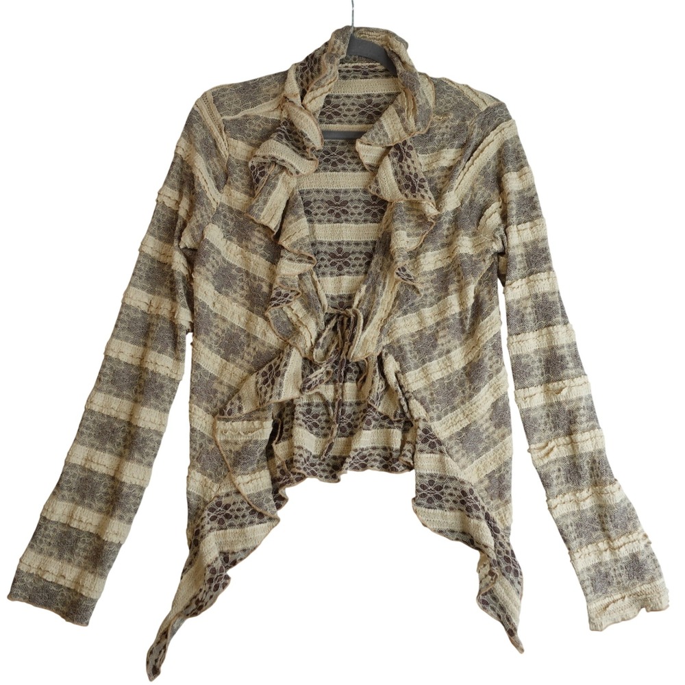 Y2K Ruffle Lace Cardigan Womens M Brown Beige Tie Front Sheer Fairy Whimsigoth